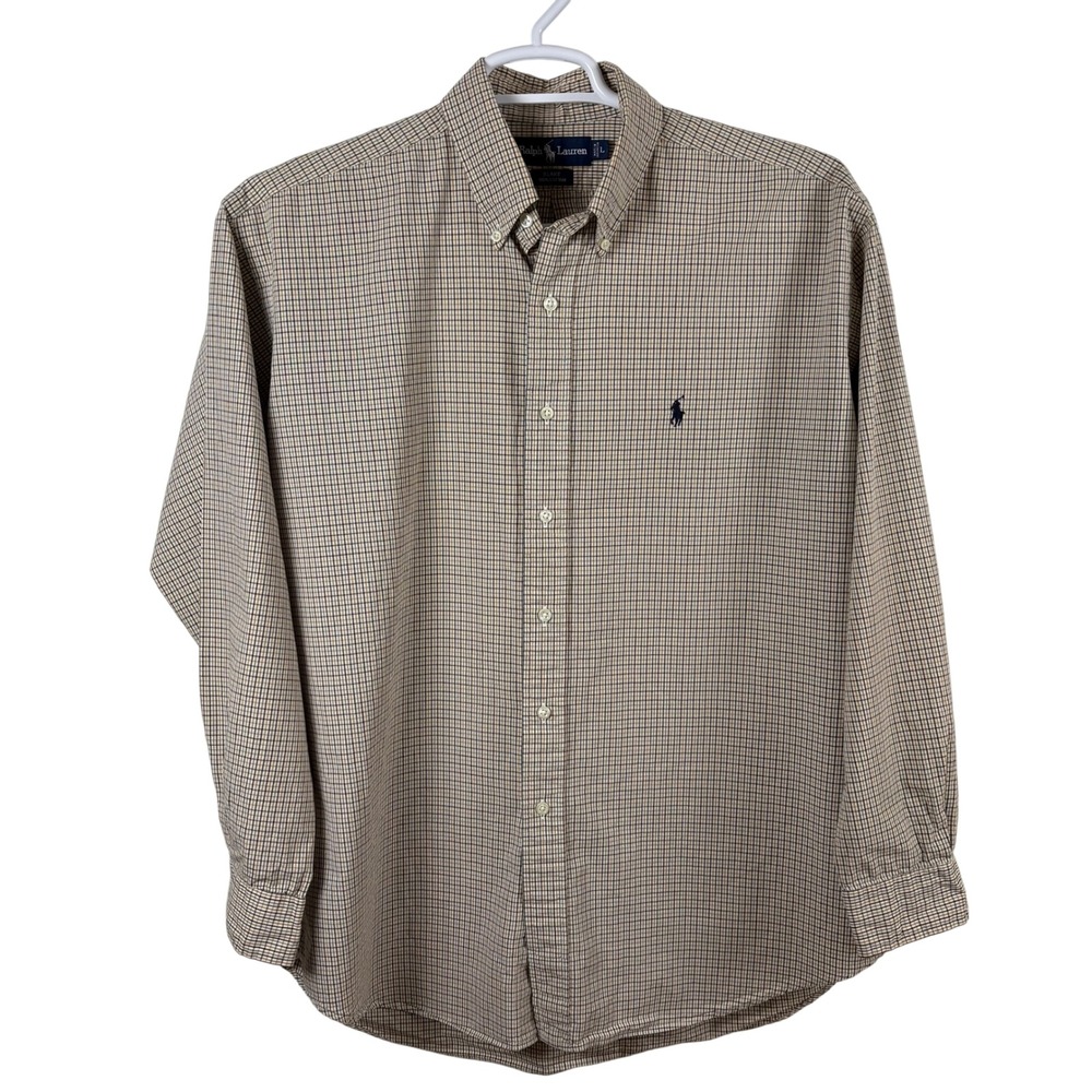Ralph Lauren Blake Button-Down Shirt Men's L Tan Check 100% Cotton Long-Sleeve